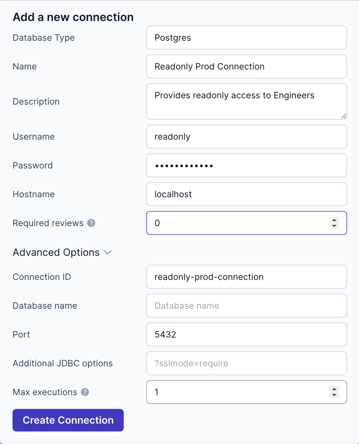 The filled out Connection Creation Form Connection Creation